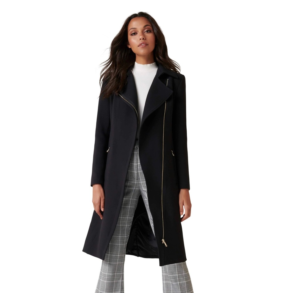 H&M Black Asymmetrical‎ Zip Waterfall Collar Long Coat Women US 12